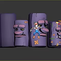 Cartoon Game Characters Purple Block Multiple Forms And Central Jumping Figure Blue Pants Red Shoes