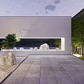 Modern Courtyard Rockery Stones with Sand Ground Circular Patterns Green Trees and Lighting