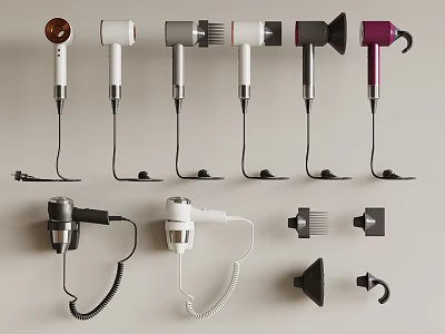 Various Colored Hair Dryers And Accessories For Daily Use Electrical Appliances 3d model