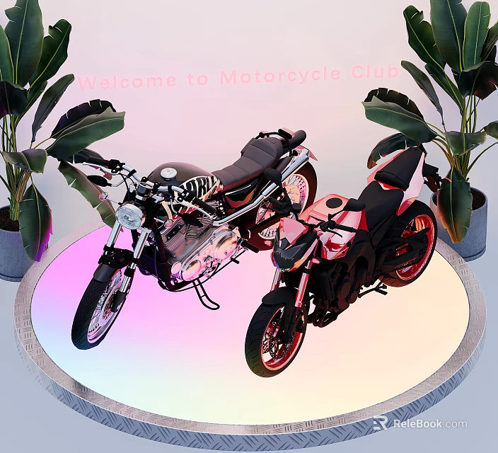 Motorcycle Club Display With Two Stylish Motorcycles Surrounded By Green Plants On Circular Platform 3d model 