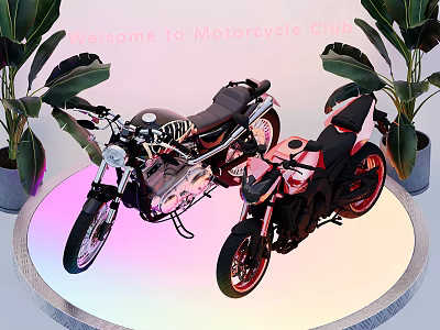 Motorcycle Club Display With Two Stylish Motorcycles Surrounded By Green Plants On Circular Platform 3d model