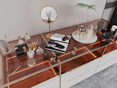 Modern Dressing Table with Glass Top Round Mirror LED Lights and Decorative Plants Cosmetics 3d model