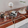 Modern Dressing Table with Glass Top Round Mirror LED Lights and Decorative Plants Cosmetics
