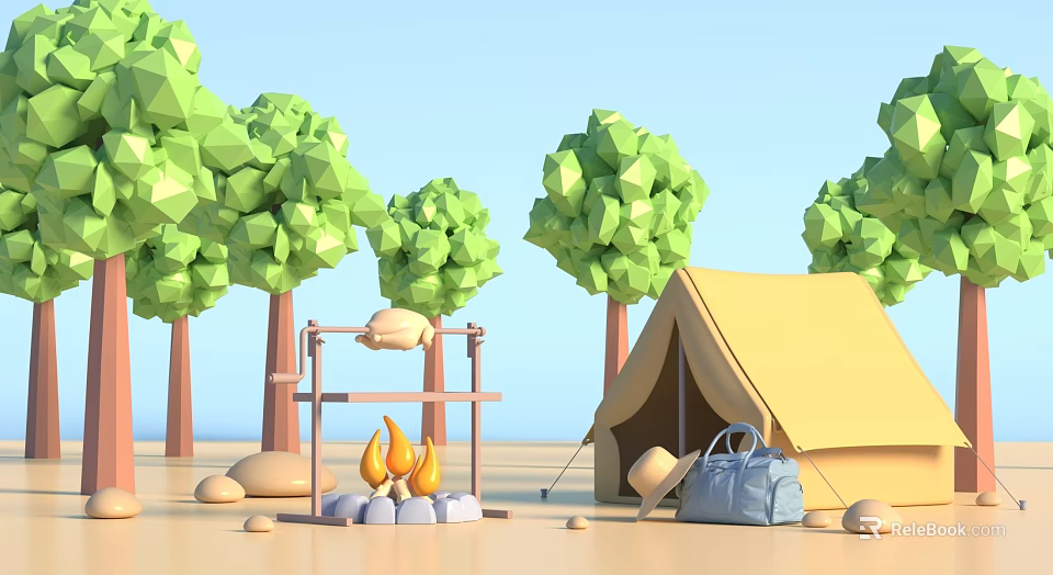 Camping Tent with Campfire Grill Backpack and Green Trees Outdoor Setup 3d model 