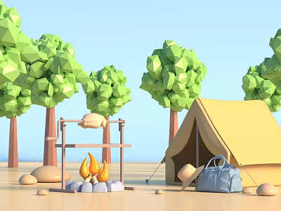 Camping Tent with Campfire Grill Backpack and Green Trees Outdoor Setup 3d model
