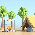 Camping Tent with Campfire Grill Backpack and Green Trees Outdoor Setup 3d model