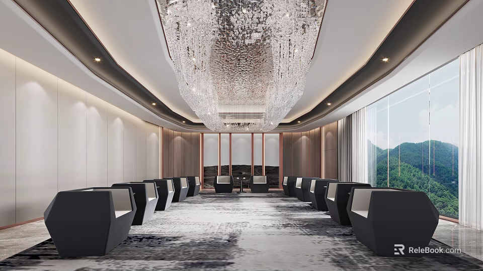 Luxurious Modern Clubhouse Interior With Crystal Chandelier Seating Arrangement And Mountain View 3d model 