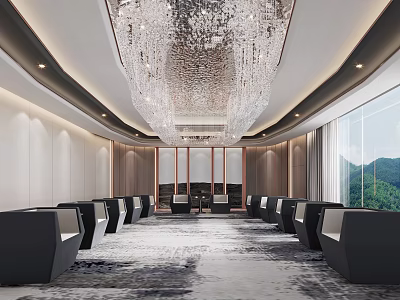 Luxurious Modern Clubhouse Interior With Crystal Chandelier Seating Arrangement And Mountain View 3d model