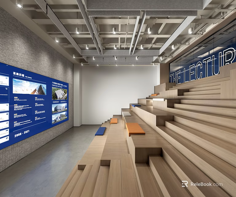 Modern Library Interior With Wooden Stepped Seating And Blue Display Screens 3d model 