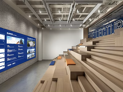 Modern Library Interior With Wooden Stepped Seating And Blue Display Screens 3d model