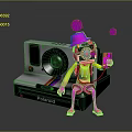 Cartoon Character With Pink Hat Holding Electronic Device Next To Polaroid Camera