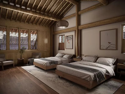 Traditional Wooden Hotel Room Interior With Twin Beds Lattice Windows And Area Rug 3d model