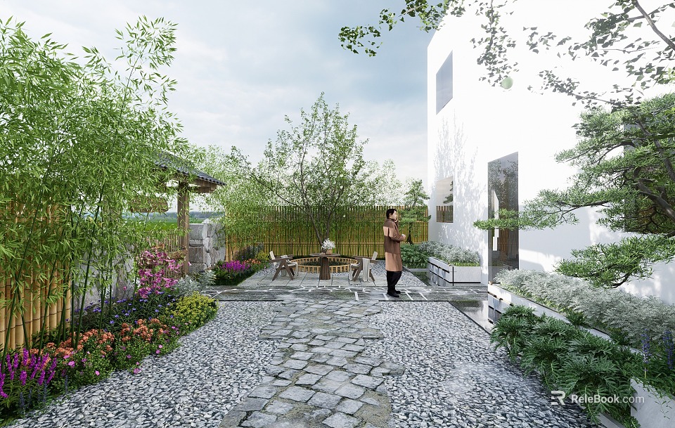 Courtyard Garden Featuring Bamboo Fence Stone Pathway Tables Chairs Colorful Flowers And Lush Green Plants 3d model 