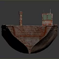 Old Red Rusted Ship With Small Cabin And Open Deck On Gray Background