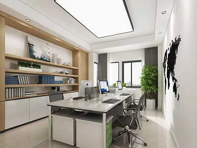 Modern Public Office Space With Open Office Desks Computers Bookshelves Green Plants And World Map 3d model