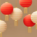 Traditional Red and Cream Hanging Lanterns with Golden Tassels and Striped Patterns on Beige Background