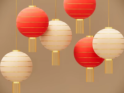 Traditional Red and Cream Hanging Lanterns with Golden Tassels and Striped Patterns on Beige Background 3d model