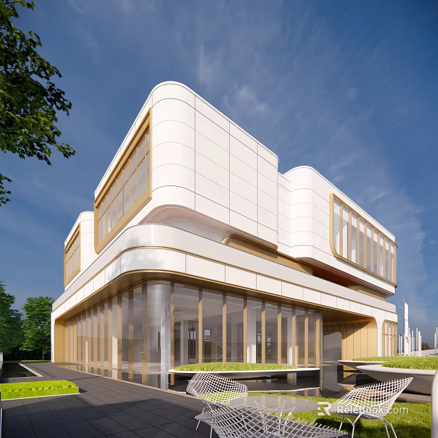 Modern Sales Office Building Facade With Large Glass Windows White Exterior And Sleek Curves 3d model 