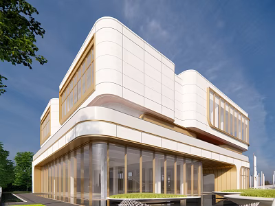Modern Sales Office Building Facade With Large Glass Windows White Exterior And Sleek Curves 3d model
