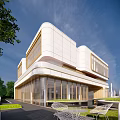 Modern Sales Office Building Facade With Large Glass Windows White Exterior And Sleek Curves