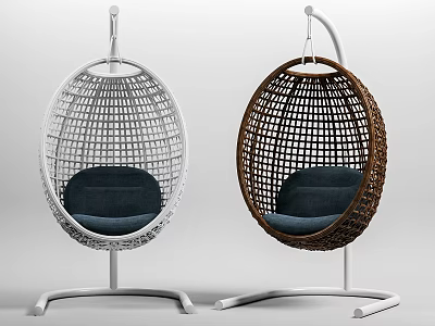Modern Rattan Hanging Chairs With White and Brown Frames Black Cushions and Stable Stands 3d model