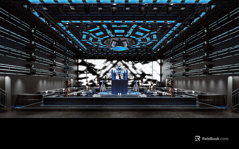 Modern Tech Bar Interior With Blue Lighting Ceiling Design And Central Stage 3d model 