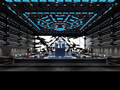 Modern Tech Bar Interior With Blue Lighting Ceiling Design And Central Stage 3d model