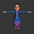 3D Character With Black Curly Hair Glasses Blue Top Purple Pants Brown Shoes Arms Outstretched