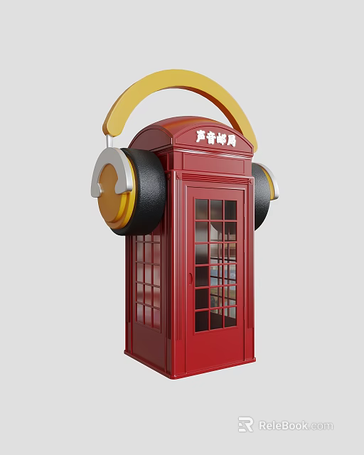 Red Public Phone Booth With Shared Phone Function And Headphone Decorations 3d model 