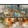Watercolor Landscape Paintings Four Panel Urban Scenery With Bridge Colorful Buildings And Greenery