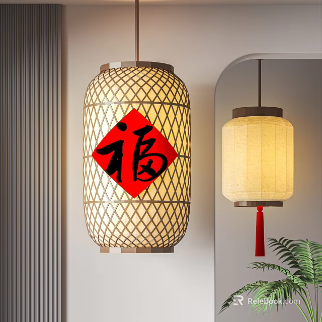 Bamboo Woven Lanterns with Red Fu Character and Beige Fabric Tassel in Modern Interior 3d model 