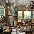Vintage Café Interior With Bookshelves Chandelier Wooden Tables Windows And Green Plants