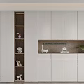 Modern Shoe Cabinet With White Panel Doors Open Shelves And Decor Items