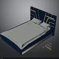 Modern Dark Blue Bed With Gold Geometric Headboard White Mattress And Pillows