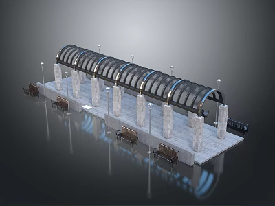 Outdoor Architectural Structure With Curved Roof Columns Benches And Street Lamps 3d model