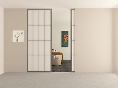 Sliding Doors With Grid Design In Modern Interior Featuring Wall Art And Desk Chair 3d model