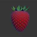 Fresh Red Strawberry with Green Leaves Shiny Surface and Small Yellow Dots on Dark Background
