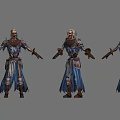 Elderly Wizard In Blue Robe With Crystal Staff And Magical Creature
