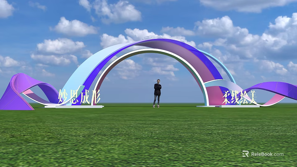 Event Entrance Arch Blue Purple Soft Curves With Person Standing Green Grass Blue Sky 3d model 