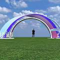 Event Entrance Arch Blue Purple Soft Curves With Person Standing Green Grass Blue Sky
