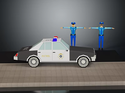 3D Rendered Police Officer Human Figure With Open Arms And Patrol Car With Emergency Lights 3d model