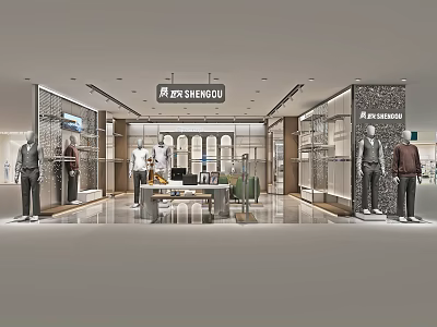 Modern Luxury Mens Clothing Store Interior Design With Mannequins And Neat Clothing Display Racks 3d model