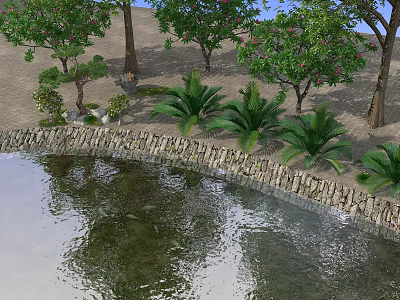 Garden Feature With Water Pool Stone Wall Palm Trees Sandy Ground And Reflection 3d model