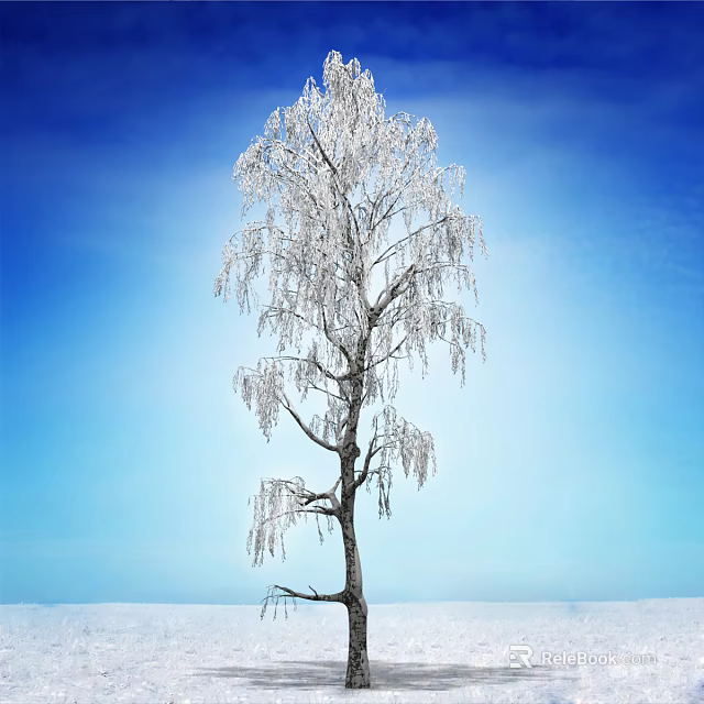 Tall Tree Covered With White Frost Against Blue Sky And Snowy Ground 3d model 