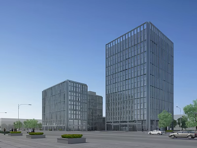 Modern Glass Facade Office Buildings In Urban Plaza With Greenery Street Lamps And Cars 3d model
