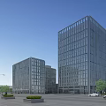 Modern Glass Facade Office Buildings In Urban Plaza With Greenery Street Lamps And Cars