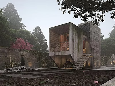 Modern Concrete Detached Villa Showcasing Cantilevered Design And Natural Greenery 3d model