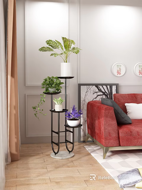 Modern Multi tiered Plant Stand with Green Plants and Purple Flowers in Living Room 3d model 