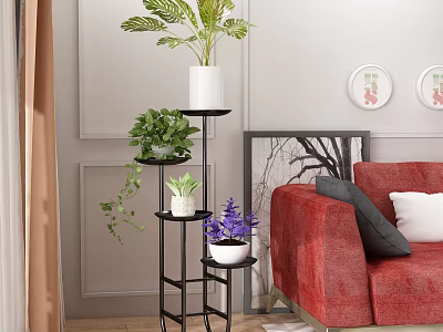 Modern Multi tiered Plant Stand with Green Plants and Purple Flowers in Living Room 3d model