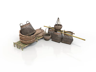 Household Wicker Baskets In Various Sizes With Stacked Design And Bamboo Poles 3d model